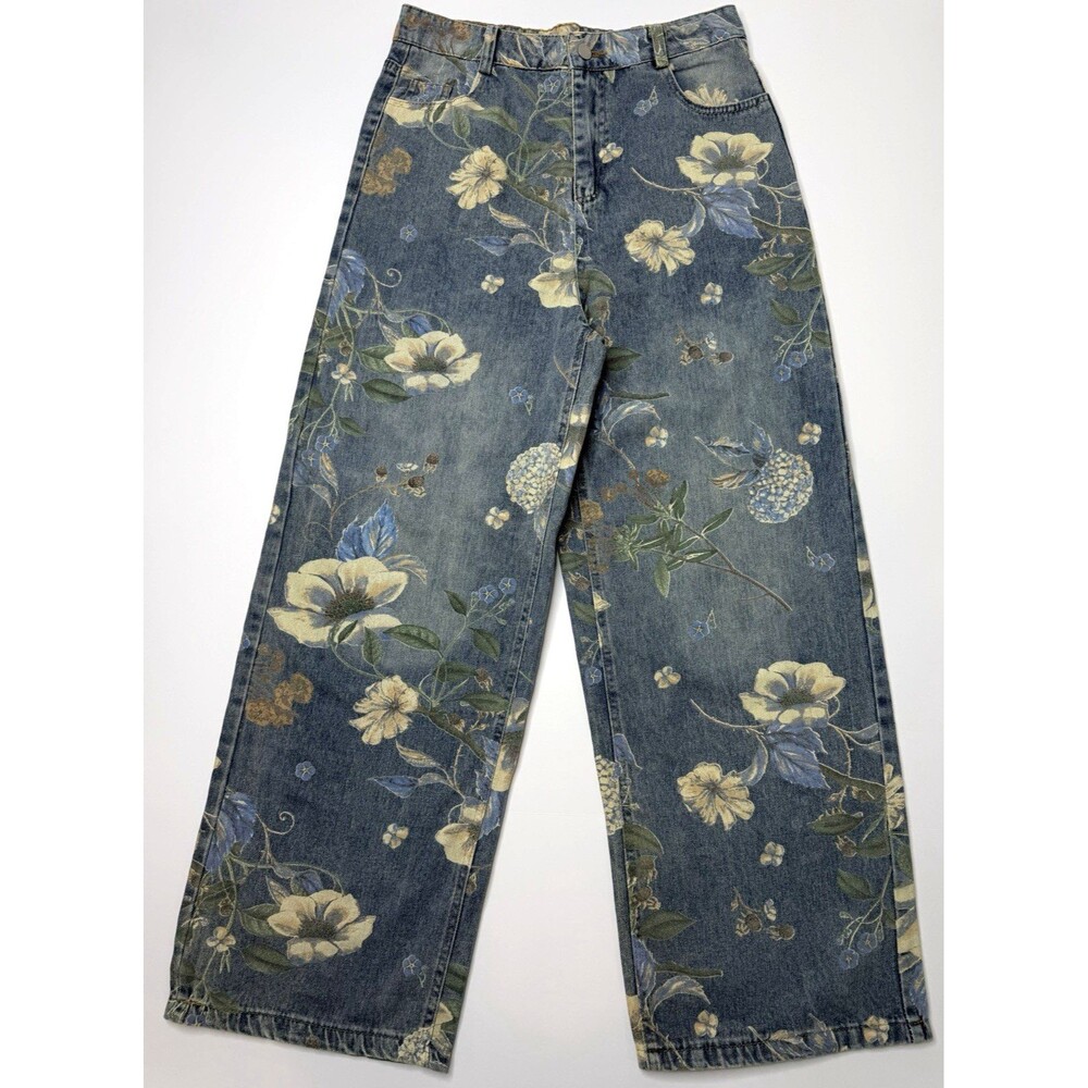 Supermade Floral Wide Leg jeans Womens L Super High Rise Printed Denim Boho NWT
